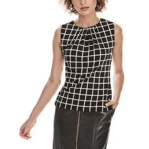Calvin Klein Printed Pleat-Neck Blouse Womens Large Black Elevated Casual NWT